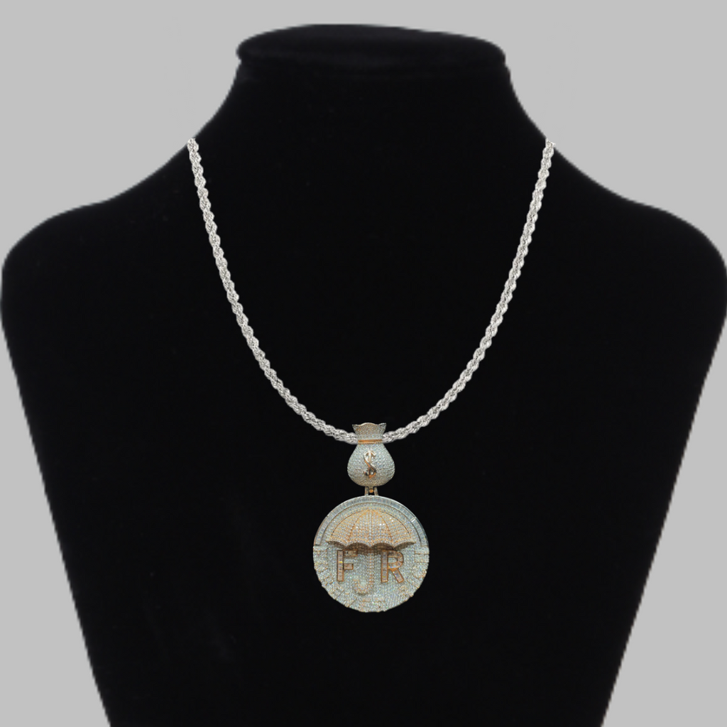 Forever Rich Umbrella Money Bag Bail Iced Out Letter Diamond Pendant Necklace