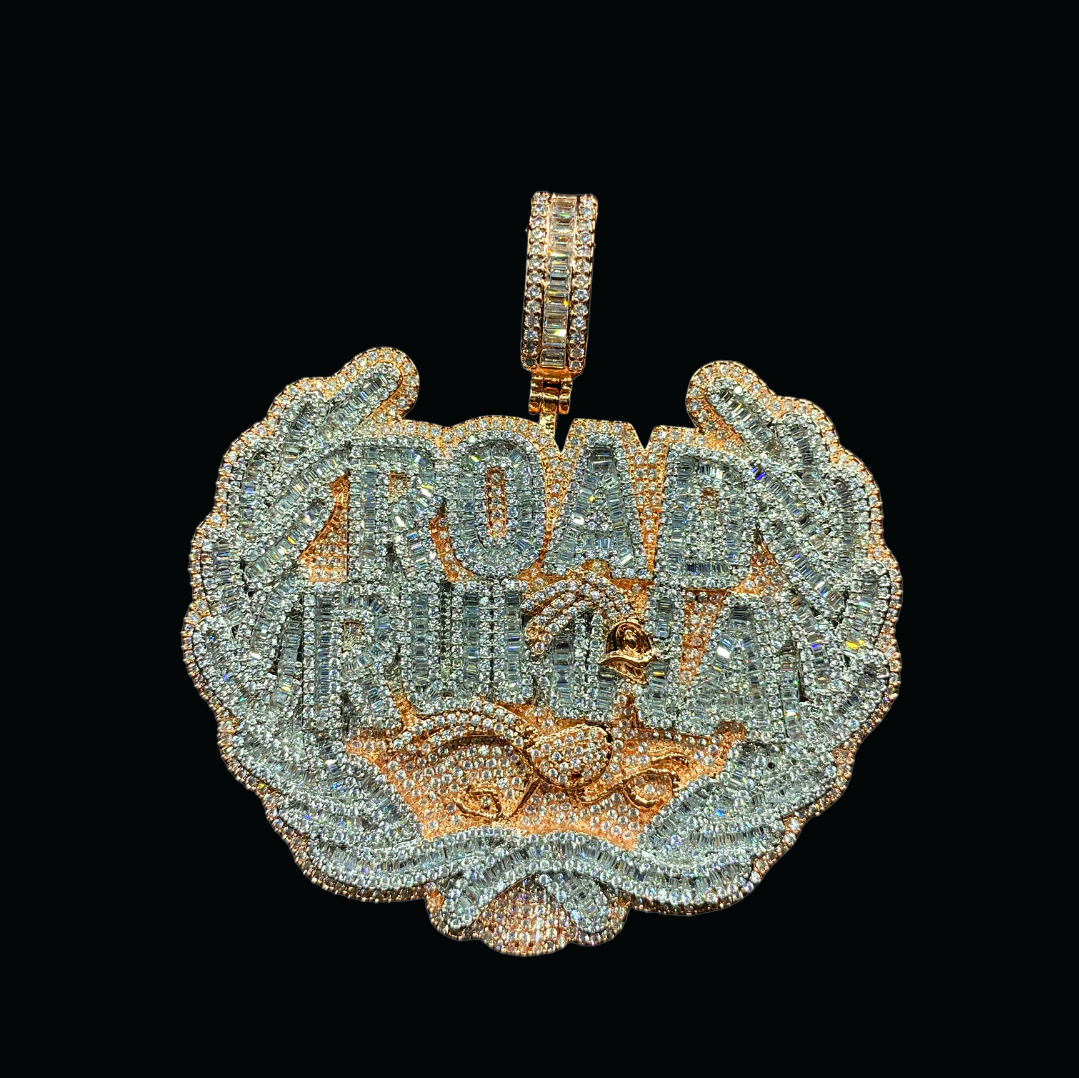 Road Runna Two Tone Badge Iced Out Letter Diamond Pendant Necklace