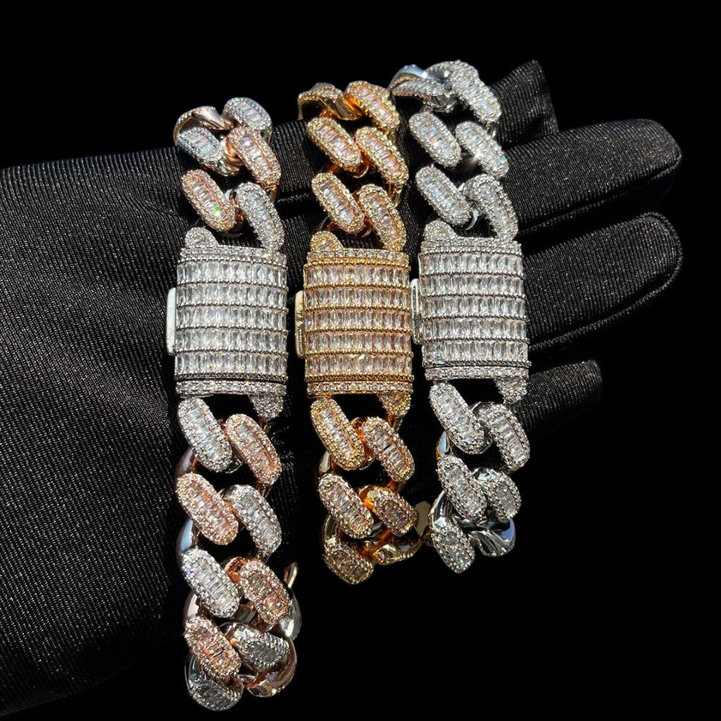 20MM Baguette Link Iced Out Diamond Necklace Bracelet Set
