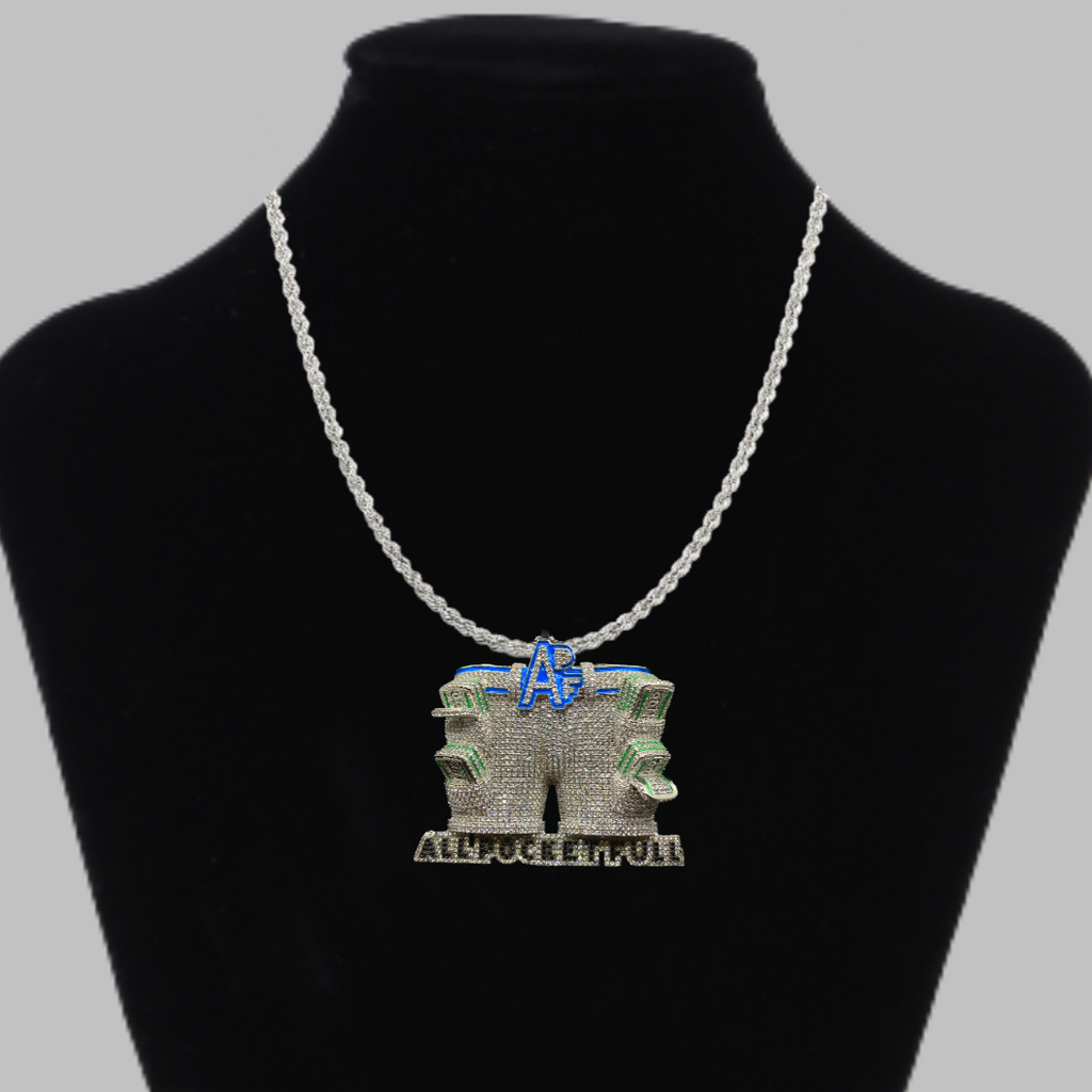 APF All Pocket Full Money Iced Out Letter Diamond Pendant Necklace