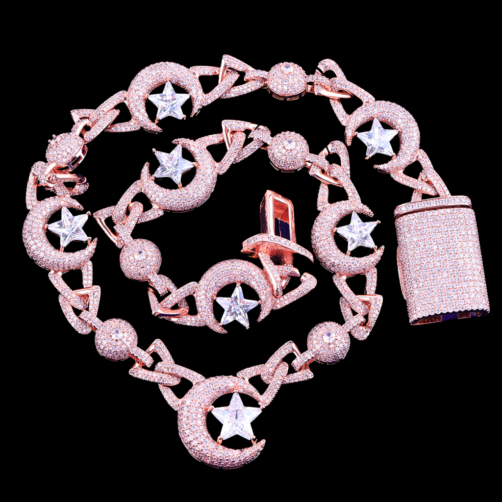 18MM Moon and Star World Iced Out Diamond Necklace Chain