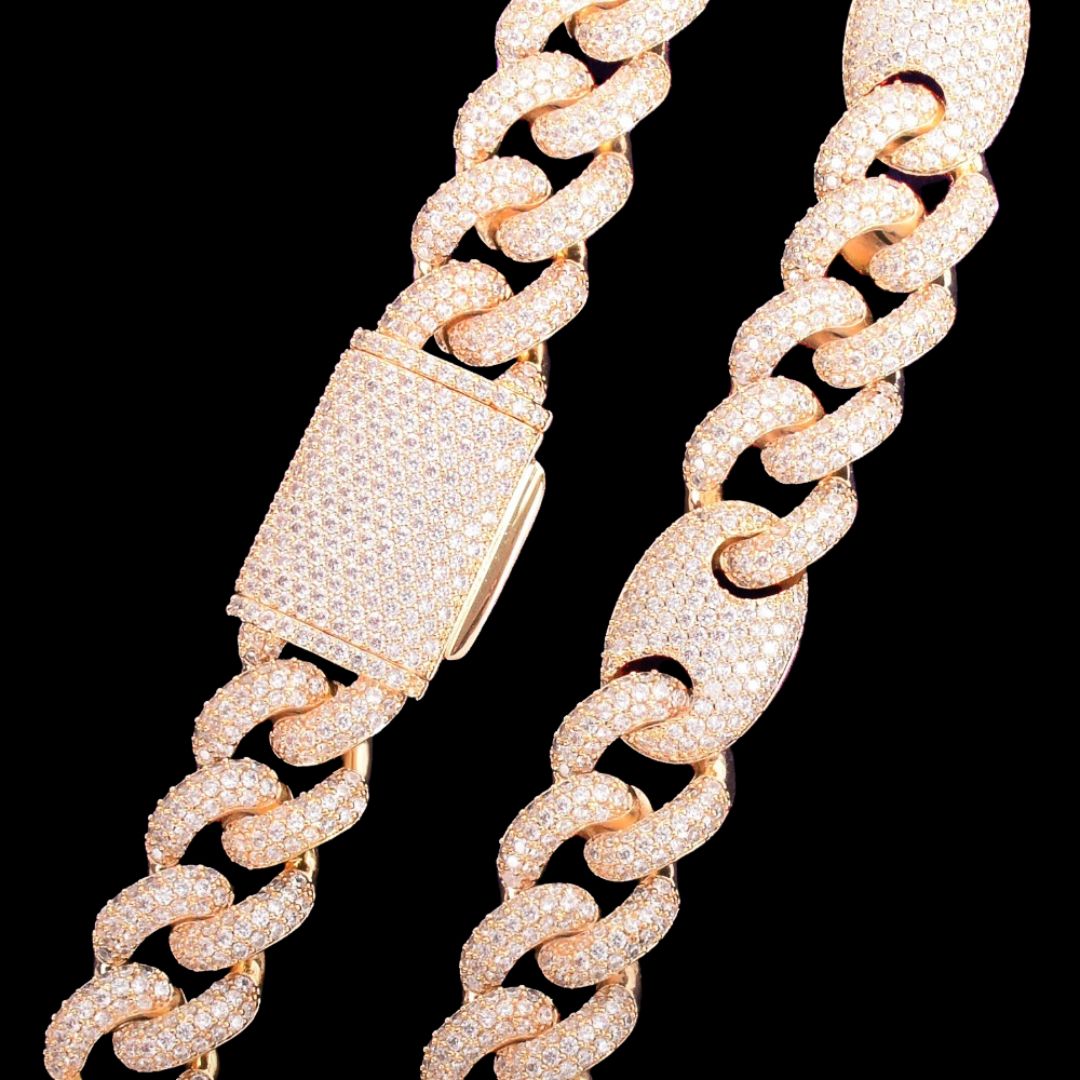 18MM Bean and Links Cuban Iced Out Diamond Necklace Bracelet Set