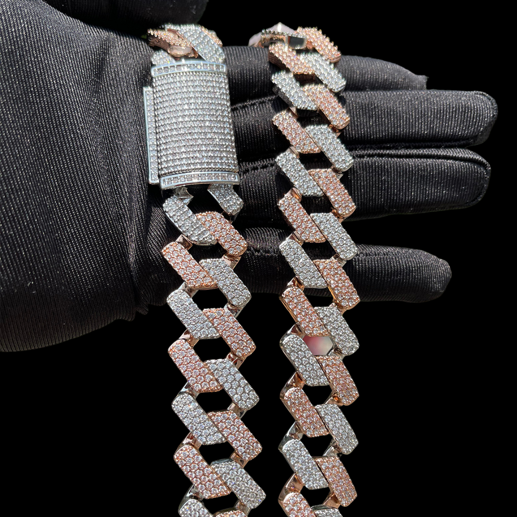 20MM Two Tone Rose Silver Miami Cuban Iced Out Diamond Necklace Chain