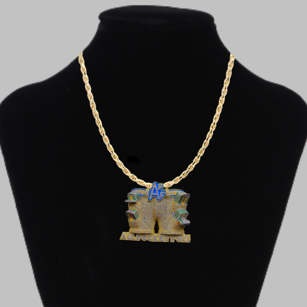 APF All Pocket Full Money Iced Out Letter Diamond Pendant Necklace