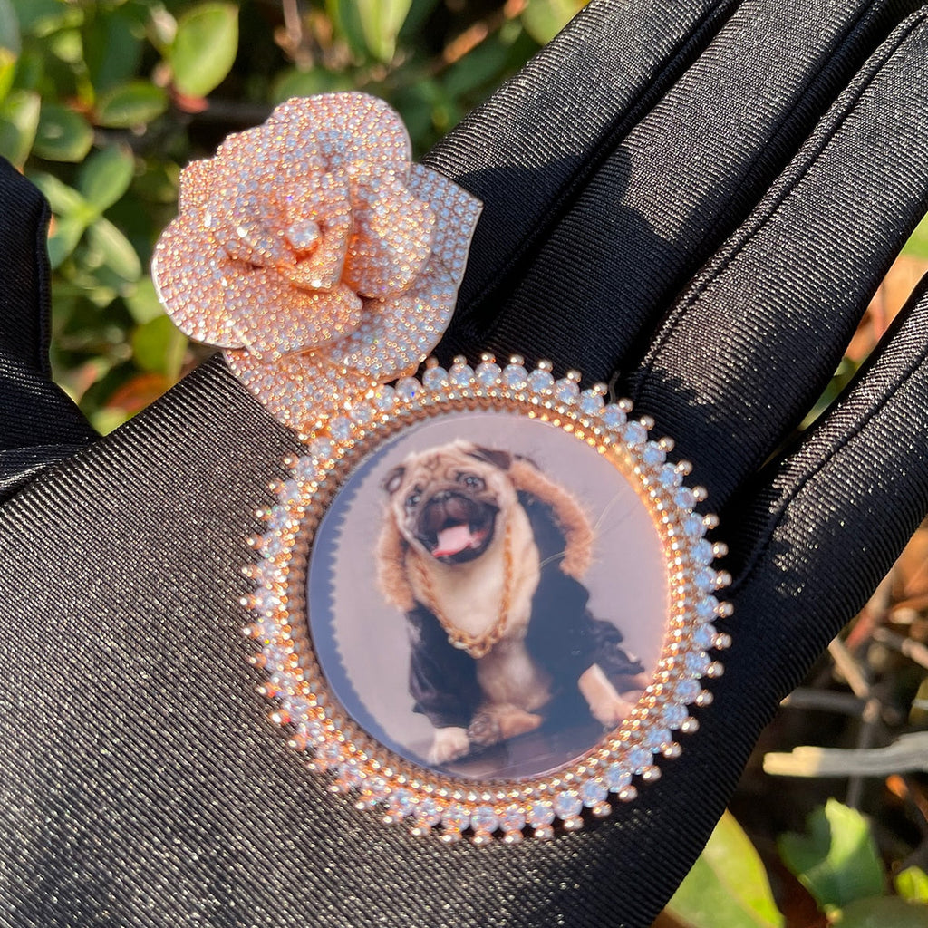 Rose Flower Bail Round Tennis Custom Photo Picture Pendant Necklace