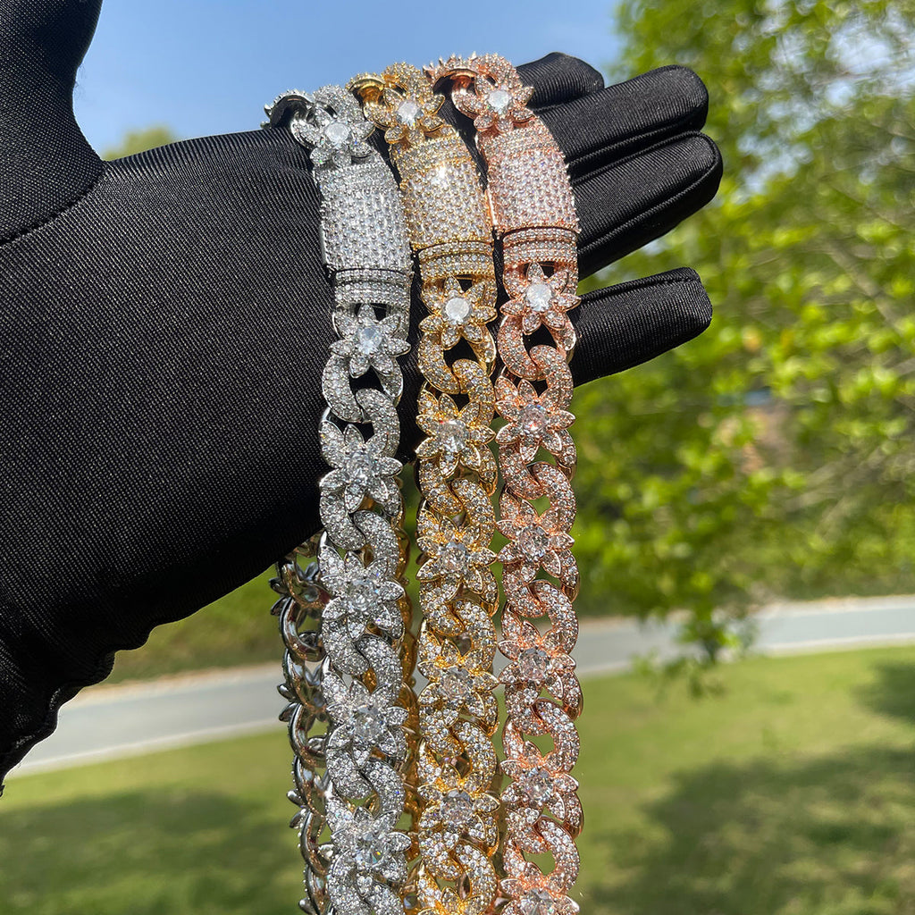 18MM Flower Cuban Iced Out Diamond Necklace Chain