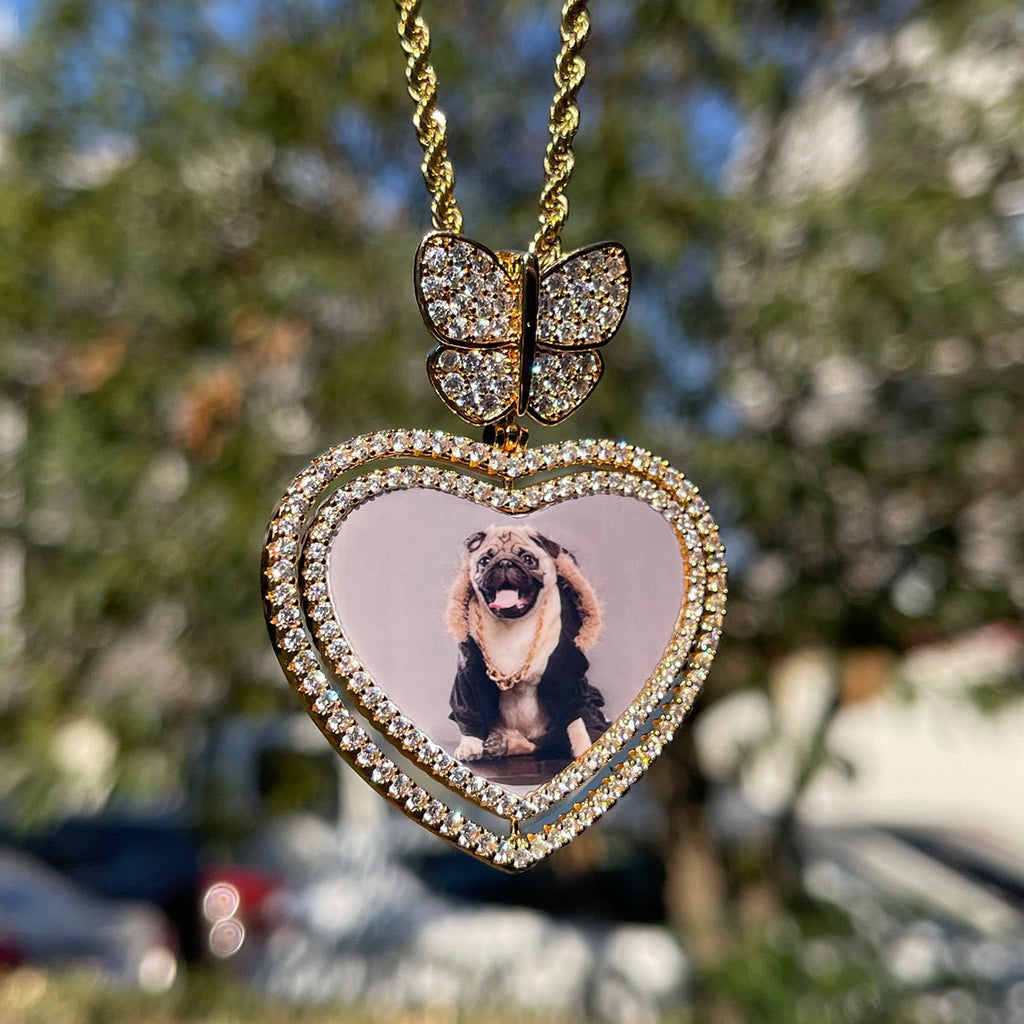 Butterfly Bail Rotating Heart Custom Photo Picture Pendant Necklace
