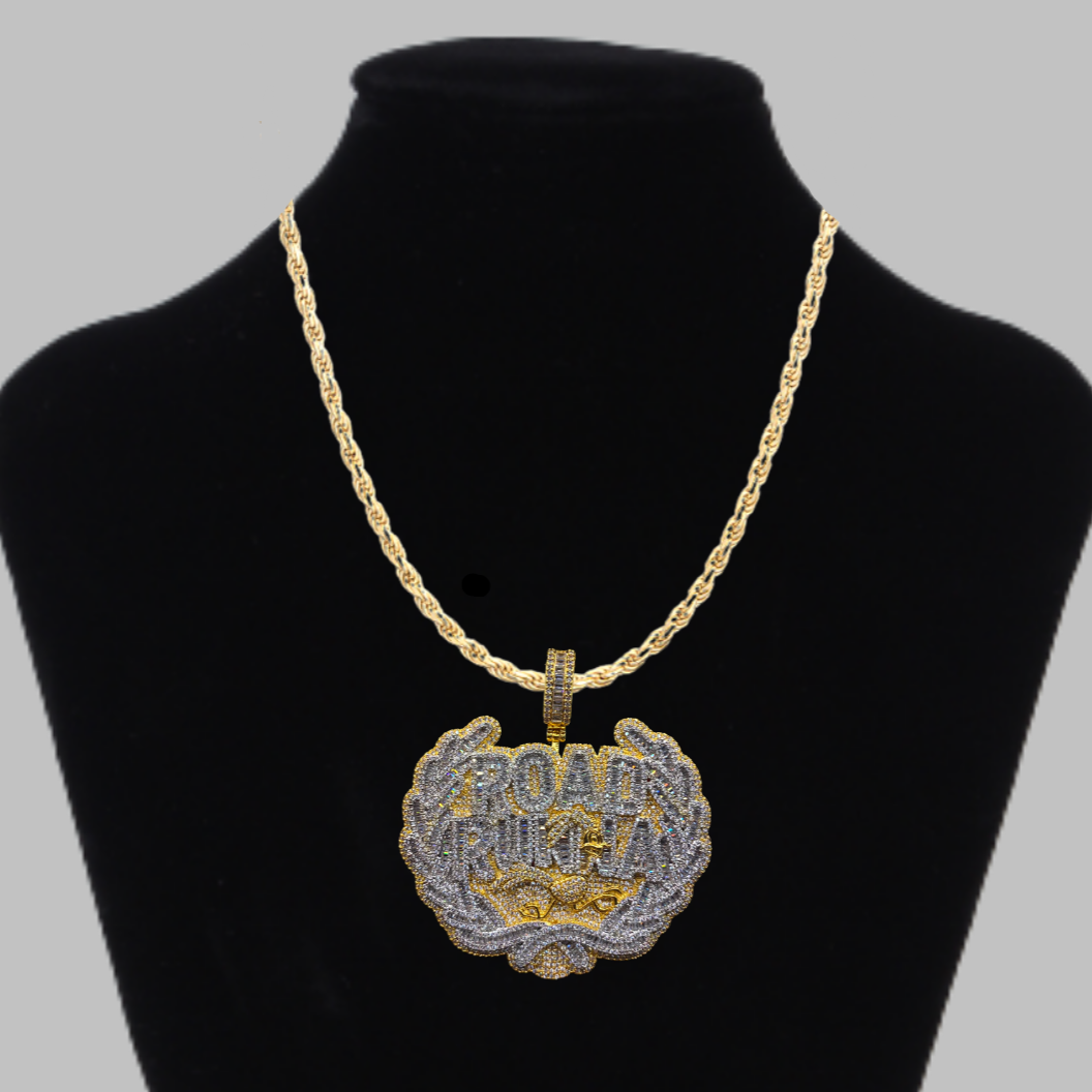 Road Runna Two Tone Badge Iced Out Letter Diamond Pendant Necklace
